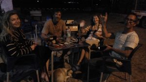Having a drink at a bar owned by a young French guy, Palmeira, Sal. Claire, Dominique, Zeyno and Pierrick, & a stray dog lounged at our feet.